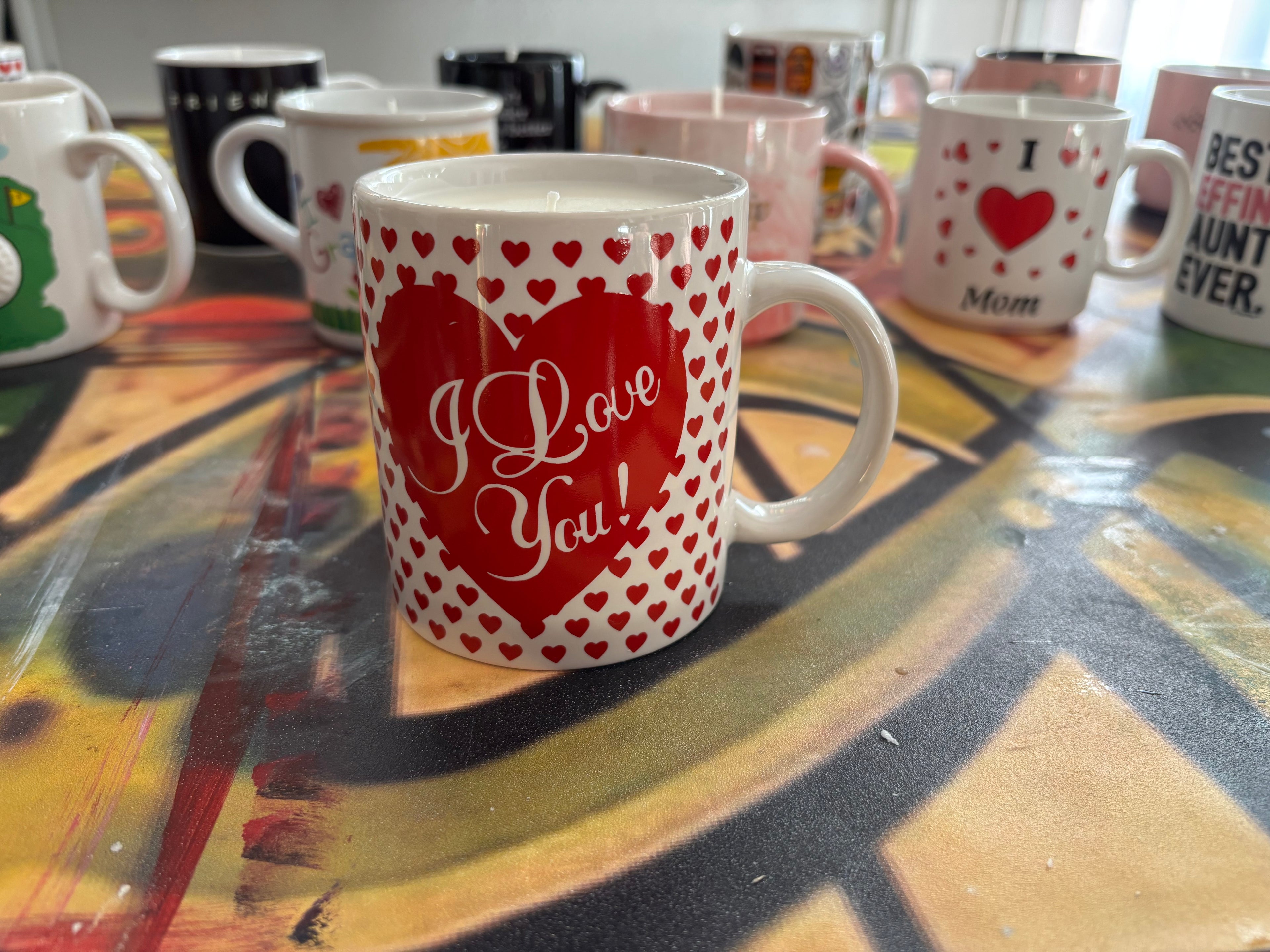 I love you heart coffee mug candle