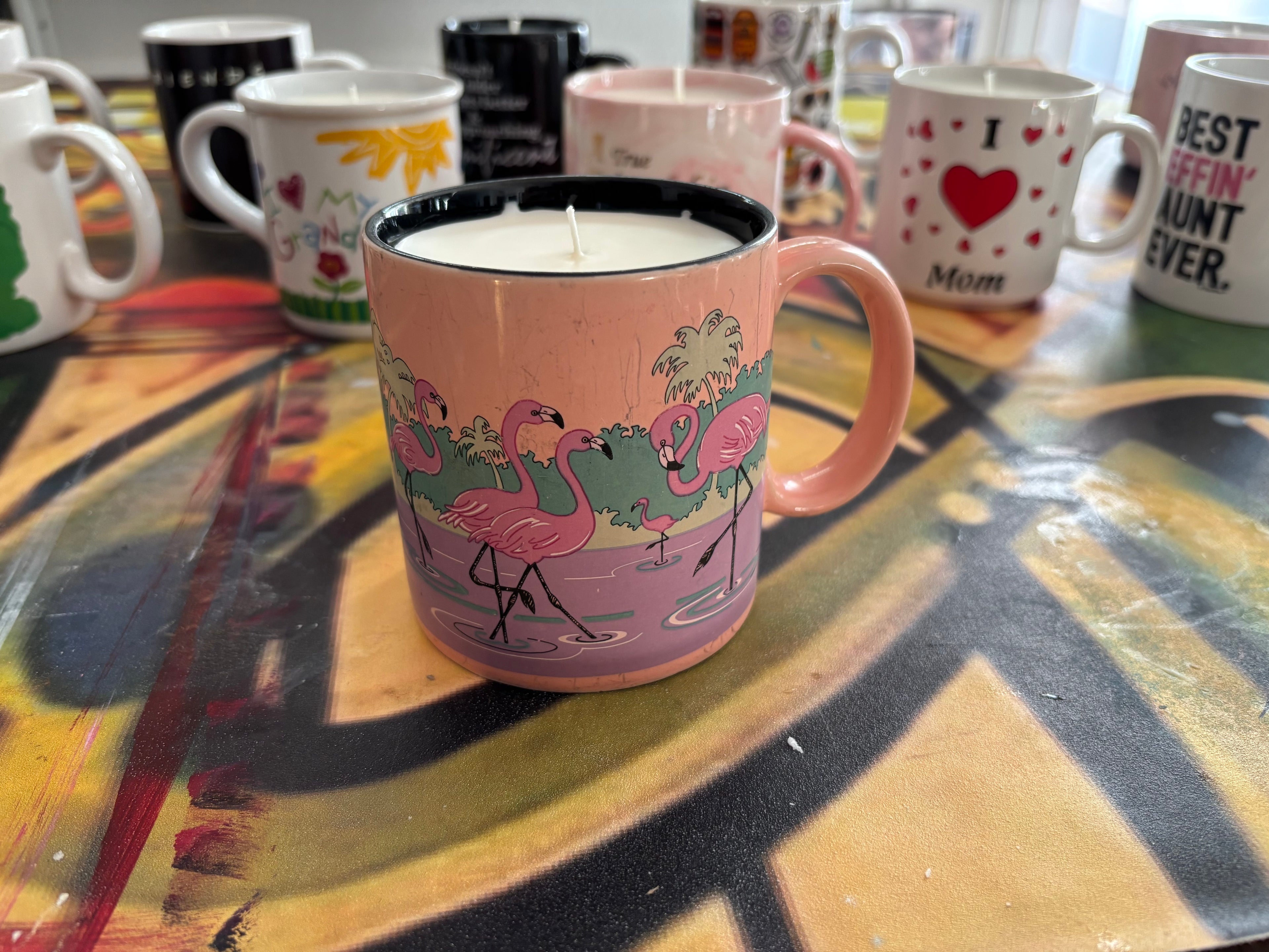 Flamingo coffee mug candle